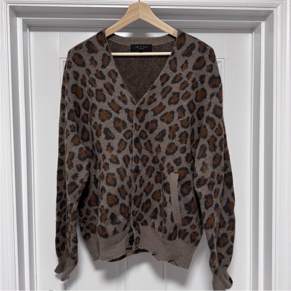 RARE Rag & Bone New York Men’s Leopard Print Wool Blend Cardigan Sweater XL EUC